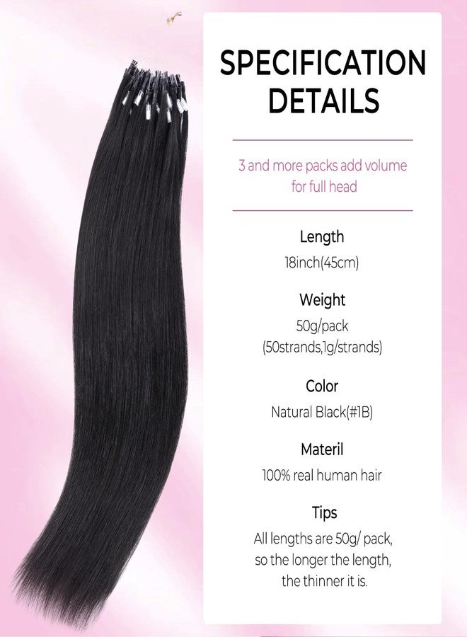 لاشي وصلات شعر لاشي مايكرو لينك، شعر بشري طبيعي أسود، 18 بوصة، ياكي مستقيم، خرز دقيق، 50 غرام، 50 قطعة، حلقات دقيقة، شعر بشري غير مرئي للنساء - Image 2